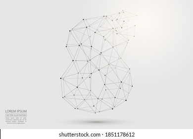 Número abstracto, destrucción de figura consistente en triángulos, círculos, puntos de descomposición, estrellas. Vector eps 10.