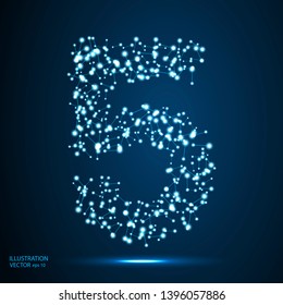Abstract number five, figure 5, consisting of lines, network, flashes, circles, decay spots, stars, energy, lightning. Vector eps 10.