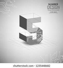 abstract number five, three dimensional surface, template vector illustration