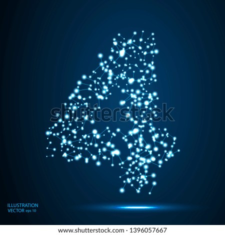 Abstract number four, figure 4, consisting of lines, network, flashes, circles, decay spots, stars, energy, lightning. Vector eps 10.