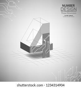 abstract number four, three dimensional surface, template vector illustration