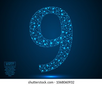 Abstract number nine, figure 9, consisting of triangles, circles, spots of decay, stars. Vector eps 10.