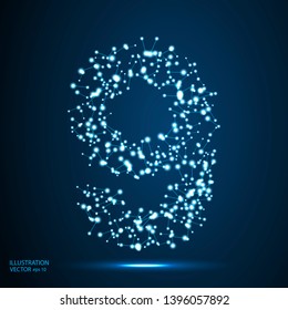 Abstract number nine, figure 9, consisting of lines, network, flashes, circles, decay spots, stars, energy, lightning. Vector eps 10.