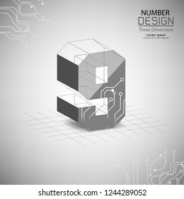 abstract number nine, three dimensional surface, template vector illustration
