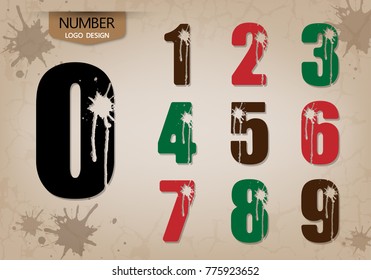 abstract number set of logo style, with cracking and runoff fluid, vector illustration