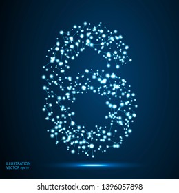 Abstract number six, figure 6, consisting of lines, network, flashes, circles, decay spots, stars, energy, lightning. Vector eps 10.