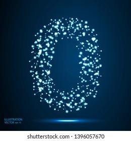 Abstract number zero, figure 0, consisting of lines, network, flashes, circles, decay spots, stars, energy, lightning. Vector eps 10.