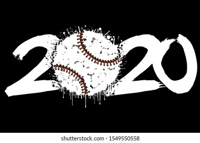 Abstract numbers 2020 and a baseball ball from blots. 2020 New Year on an isolated white background. Design pattern for greeting card. Grunge style. Vector illustration