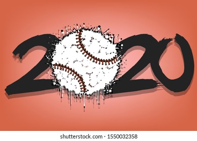 Abstract numbers 2020 and a baseball ball from blots. 2020 New Year on an isolated white background. Design pattern for greeting card. Grunge style. Vector illustration