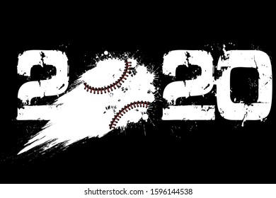 Abstract numbers 2020 and baseball ball made of blots in grunge style. 2020 New Year on an isolated background. Design pattern. Vector illustration