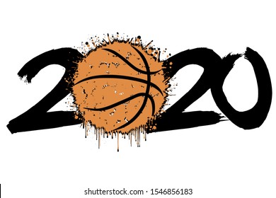 Abstract numbers 2020 and a basketball ball from blots. 2020 New Year on an isolated background. Design pattern for greeting card. Grunge style. Vector illustration