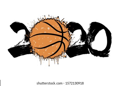 Abstract numbers 2020 and basketball ball made of blots in grunge style. 2020 New Year on an isolated background. Design pattern. Vector illustration