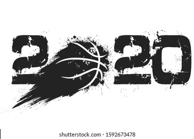 Abstract numbers 2020 and basketball ball made of blots in grunge style. 2020 New Year on an isolated background. Design pattern. Vector illustration