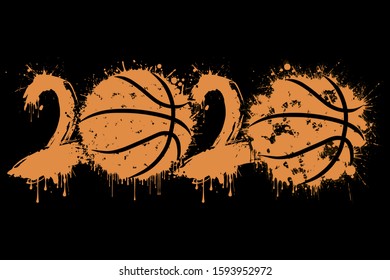 Abstract numbers 2020 and basketball ball made of blots in grunge style. 2020 New Year on an isolated background. Design pattern. Vector illustration