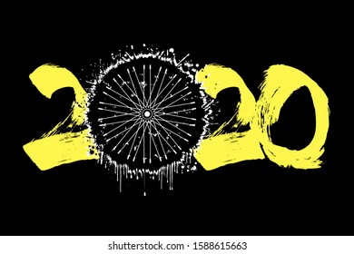 Abstract numbers 2020 and bicycle wheel made of blots in grunge style. 2020 New Year on an isolated background. Design pattern. Vector illustration