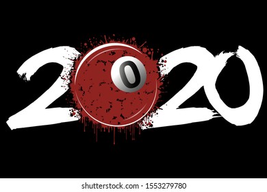Abstract numbers 2020 and a billiard ball from blots. 2020 New Year on an isolated background. Design pattern for greeting card. Grunge style. Vector illustration