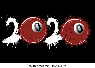 Abstract numbers 2020 and billiard ball made of blots in grunge style. 2020 New Year on an isolated background. Design pattern. Vector illustration
