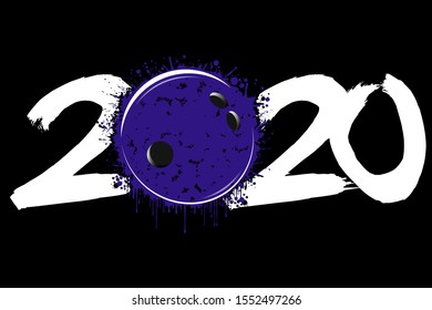 Abstract numbers 2020 and a bowling ball from blots. 2020 New Year on an isolated background. Design pattern for greeting card. Grunge style. Vector illustration