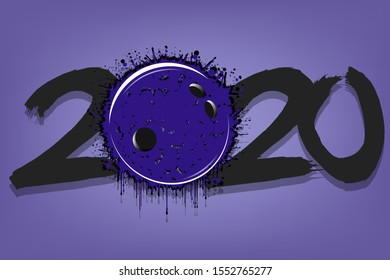 Abstract numbers 2020 and a bowling ball from blots. 2020 New Year on an isolated background. Design pattern for greeting card. Grunge style. Vector illustration