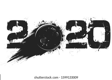 Abstract numbers 2020 and bowling ball made of blots in grunge style. 2020 New Year on an isolated background. Design pattern. Vector illustration