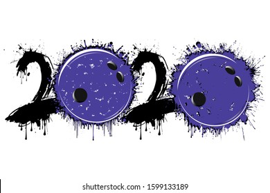 Abstract numbers 2020 and bowling ball made of blots in grunge style. 2020 New Year on an isolated background. Design pattern. Vector illustration