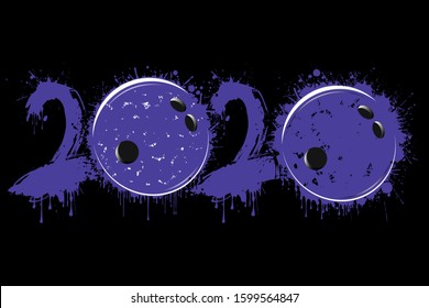 Abstract numbers 2020 and bowling ball made of blots in grunge style. 2020 New Year on an isolated background. Design pattern. Vector illustration