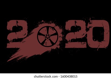 Abstract numbers 2020 and car wheel made of blots in grunge style. 2020 New Year on an isolated background. Design pattern. Vector illustration