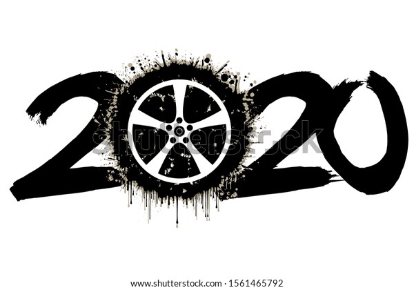 Abstract numbers 2020 and a\
car wheel from blots. 2020 New Year on an isolated background.\
Design pattern for greeting card. Grunge style. Vector\
illustration