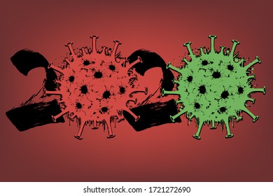 Abstract numbers 2020 and coronavirus sign made of blots. Stop covid-19 outbreak. Caution risk disease 2019-nCoV. The worldwide fight against the pandemic. Pattern design. Vector illustration