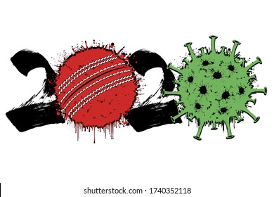 Abstract numbers 2020 and coronavirus sign with cricket ball made of blots. Stop covid-19 outbreak. Caution risk disease 2019-nCoV. Cancellation of sports tournaments. Vector illustration