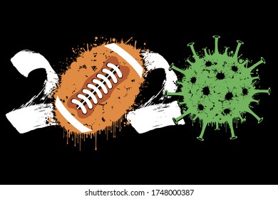 Abstract numbers 2020 and coronavirus sign with football ball made of blots. Stop covid-19 outbreak. Caution risk disease 2019-nCoV. Cancellation of sports tournaments. Vector illustration