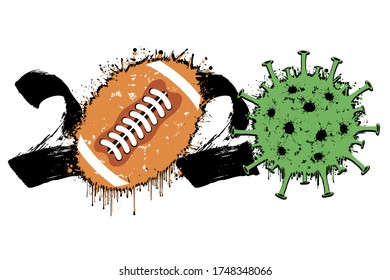Abstract numbers 2020 and coronavirus sign with football ball made of blots. Stop covid-19 outbreak. Caution risk disease 2019-nCoV. Cancellation of sports tournaments. Vector illustration