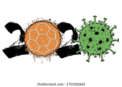 Abstract numbers 2020 and coronavirus sign with handball ball made of blots. Stop covid-19 outbreak. Caution risk disease 2019-nCoV. Cancellation of sports tournaments. Vector illustration