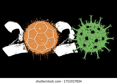 Abstract numbers 2020 and coronavirus sign with handball ball made of blots. Stop covid-19 outbreak. Caution risk disease 2019-nCoV. Cancellation of sports tournaments. Vector illustration