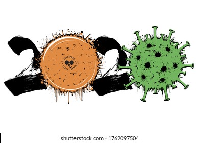 Abstract numbers 2020 and coronavirus sign with ping-pong ball made of blots. Stop covid-19 outbreak. Caution risk disease 2019-nCoV. Cancellation of sports tournaments. Vector illustration