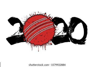 Abstract numbers 2020 and cricket ball made of blots in grunge style. 2020 New Year on an isolated background. Design pattern. Vector illustration