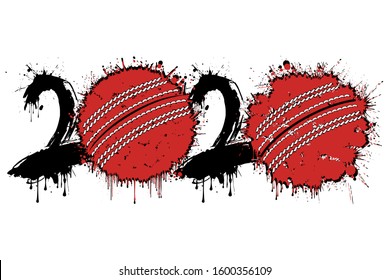 Abstract numbers 2020 and cricket ball made of blots in grunge style. 2020 New Year on an isolated background. Design pattern. Vector illustration