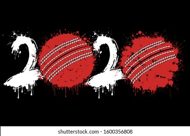 Abstract numbers 2020 and cricket ball made of blots in grunge style. 2020 New Year on an isolated background. Design pattern. Vector illustration