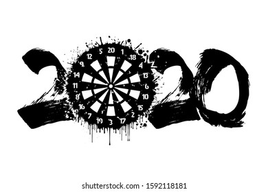 Abstract numbers 2020 and a dartboard made of blots in grunge style. 2020 New Year on an isolated background. Design pattern. Vector illustration