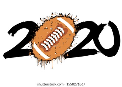 Abstract numbers 2020 and a football ball from blots. 2020 New Year on an isolated background. Design pattern for greeting card. Grunge style. Vector illustration