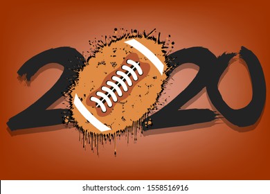 Abstract numbers 2020 and a football ball from blots. 2020 New Year on an isolated background. Design pattern for greeting card. Grunge style. Vector illustration
