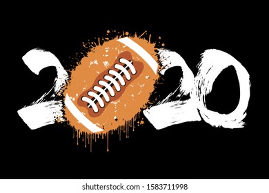 Abstract numbers 2020 and football ball made of blots in grunge style. 2020 New Year on an isolated background. Design pattern. Vector illustration