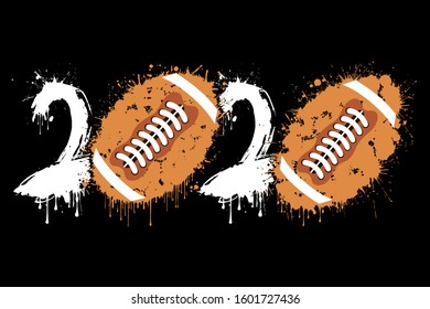 Abstract numbers 2020 and football ball made of blots in grunge style. 2020 New Year on an isolated background. Design pattern. Vector illustration