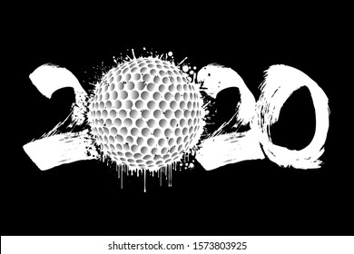 Abstract numbers 2020 and golf ball made of blots in grunge style. 2020 New Year on an isolated background. Design pattern. Vector illustration