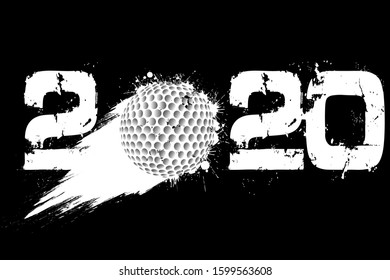 Abstract numbers 2020 and golf ball made of blots in grunge style. 2020 New Year on an isolated background. Design pattern. Vector illustration