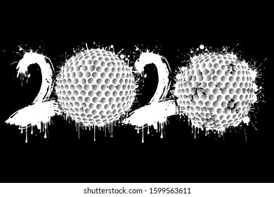 Abstract numbers 2020 and golf ball made of blots in grunge style. 2020 New Year on an isolated background. Design pattern. Vector illustration