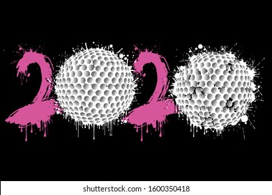 Abstract numbers 2020 and golf ball made of blots in grunge style. 2020 New Year on an isolated background. Design pattern. Vector illustration