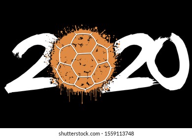 Abstract numbers 2020 and a handball ball from blots. 2020 New Year on an isolated background. Design pattern for greeting card. Grunge style. Vector illustration