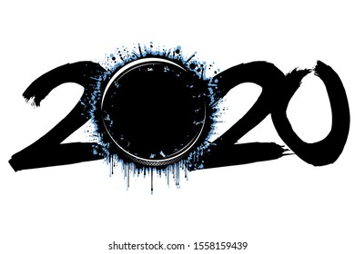 Abstract numbers 2020 and a hockey puck from blots. 2020 New Year on an isolated background. Design pattern for greeting card. Grunge style. Vector illustration