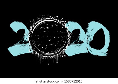 Abstract numbers 2020 and hockey puck made of blots in grunge style. 2020 New Year on an isolated background. Design pattern. Vector illustration
